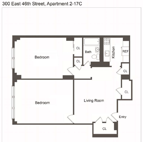 Floor plan for 2 beds, 1 bath, 930 sqft
